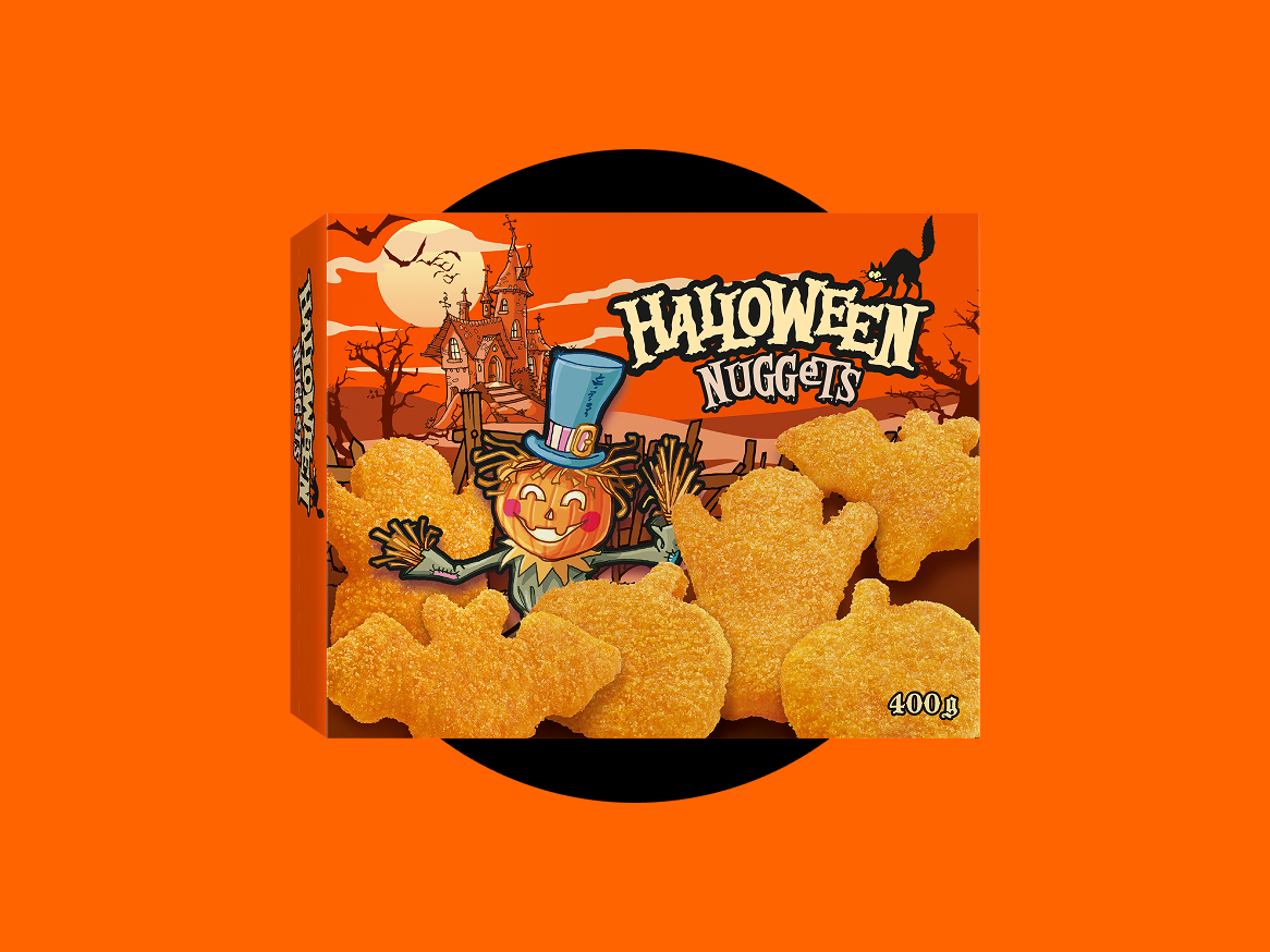 Caixa de nuggets de Halloween em forma de morcego, abóbora e fantasma.