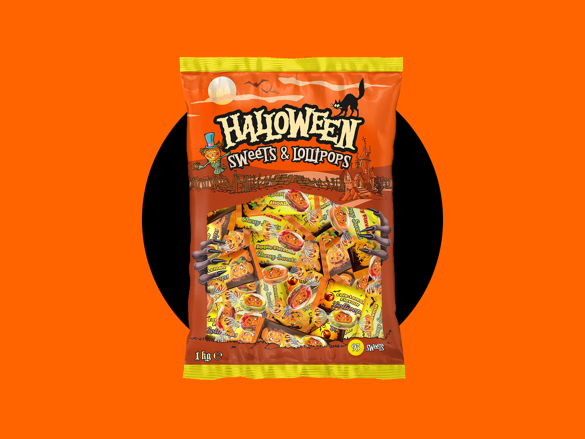 Saco de doces e pirulitos de Halloween com tema de abóbora e monstro.