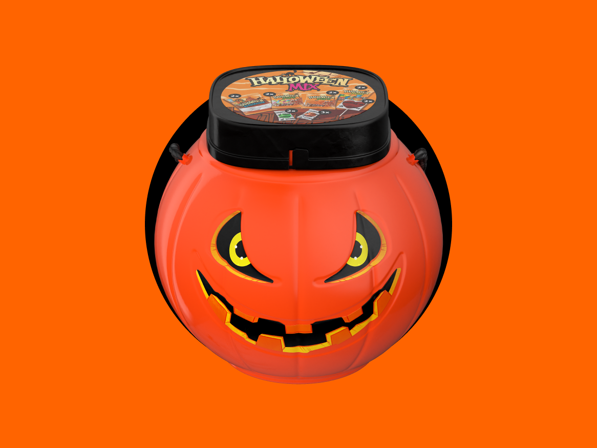 Balde de abóbora de Halloween laranja com tampa preta de doces