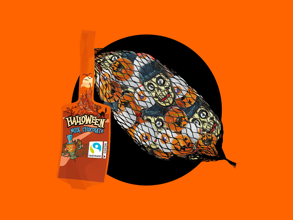 Chocolate de leite de Halloween em forma de garrafa e uma rede de chocolates com temas de Halloween