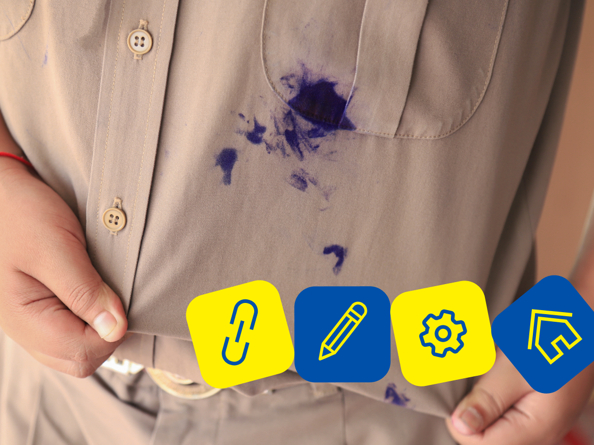 Camisetas manchadas com tinta roxa e ícones de link, lápis, engrenagem e casa.