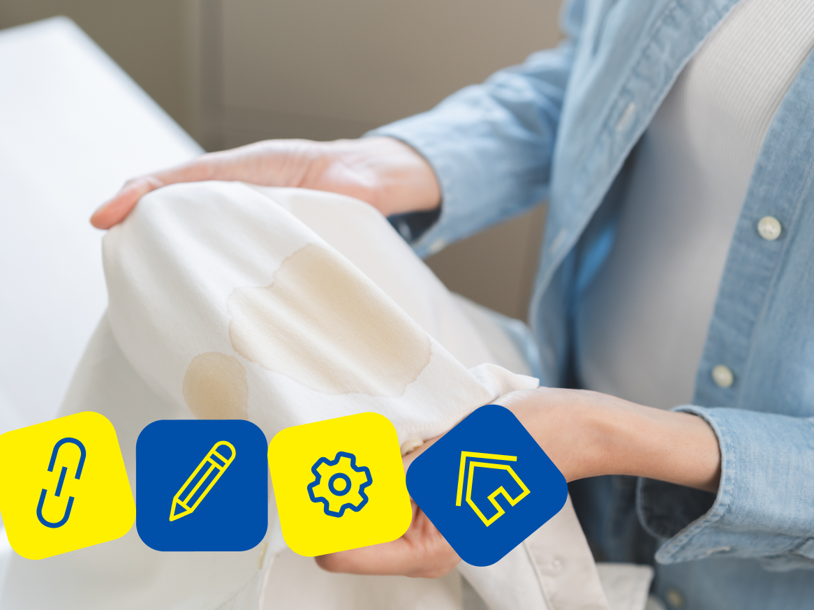 Mulher inspeciona roupa com manchas, com ícones de link, lápis, engrenagem e casa sobrepostos.