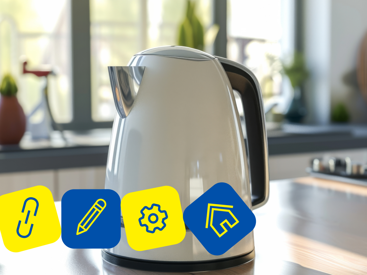 Chaleira elétrica moderna na cozinha com ícones de link, lápis, engrenagem e casa.