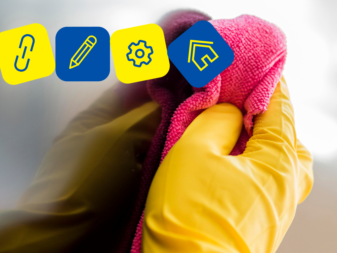 Mãos com luvas amarelas limpando com um pano rosa, com ícones de serviços domésticos sobrepostos.
