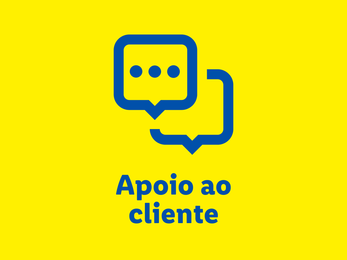 Ícone de balões de fala azuis com três pontos, representando apoio ao cliente, em fundo amarelo.