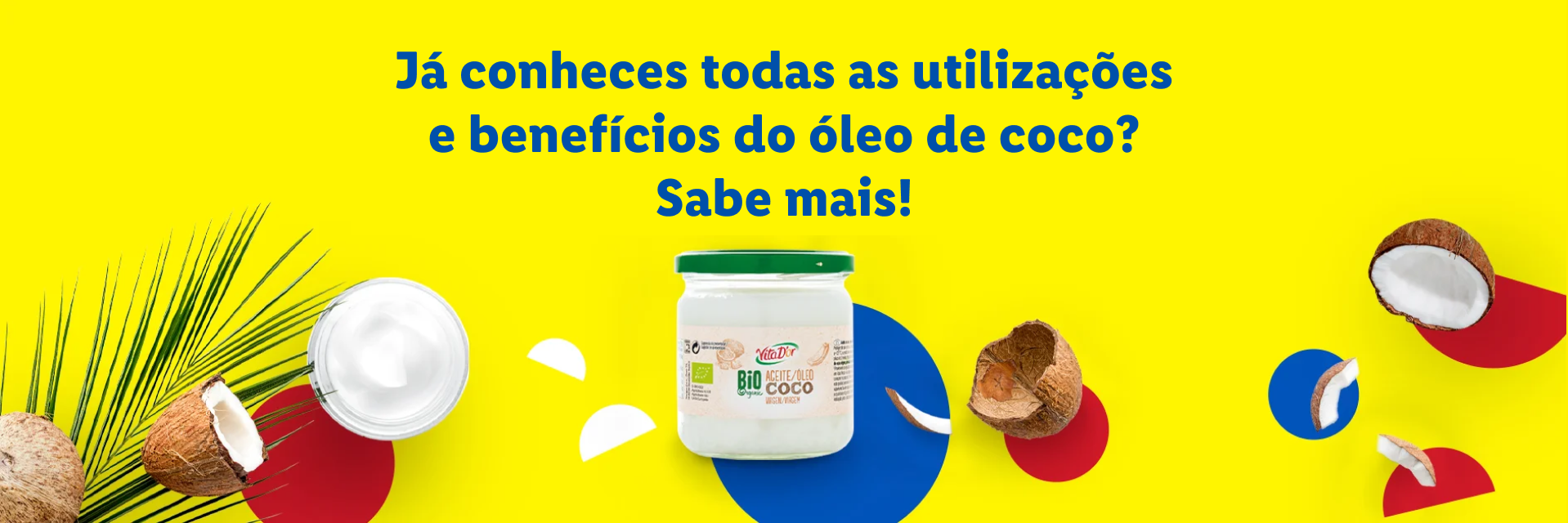 Frasco de óleo de coco Vita D'or com cocos e folhas de palmeira num fundo amarelo.