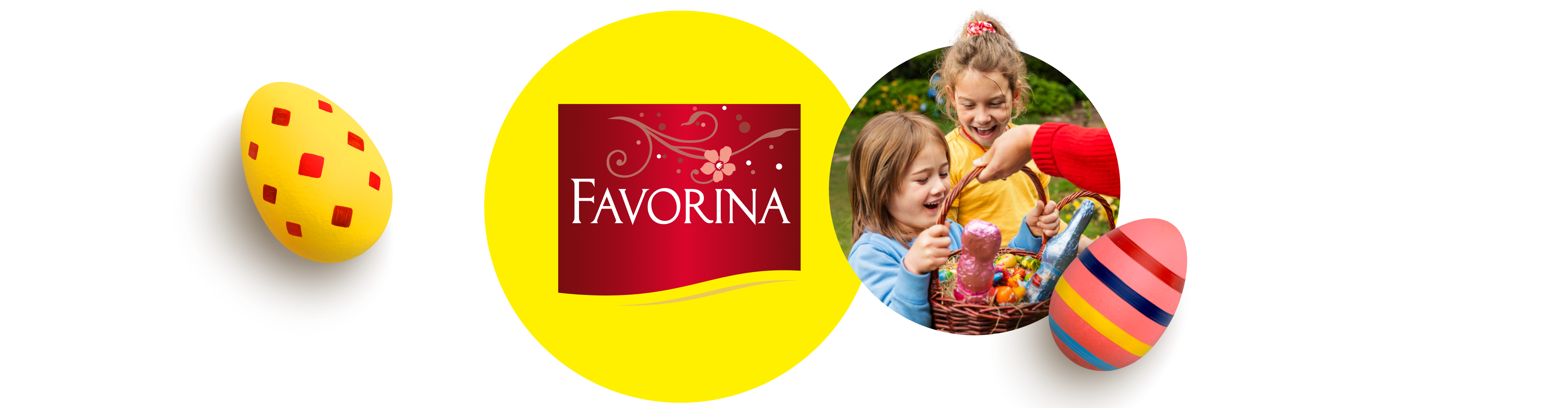 Logótipo da Favorina e crianças felizes com um cesto de Páscoa cheio de doces.