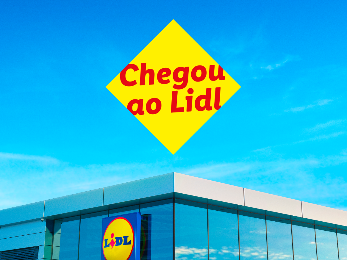 Um diamante amarelo com a frase 'Chegou ao Lidl' sobre uma loja Lidl.