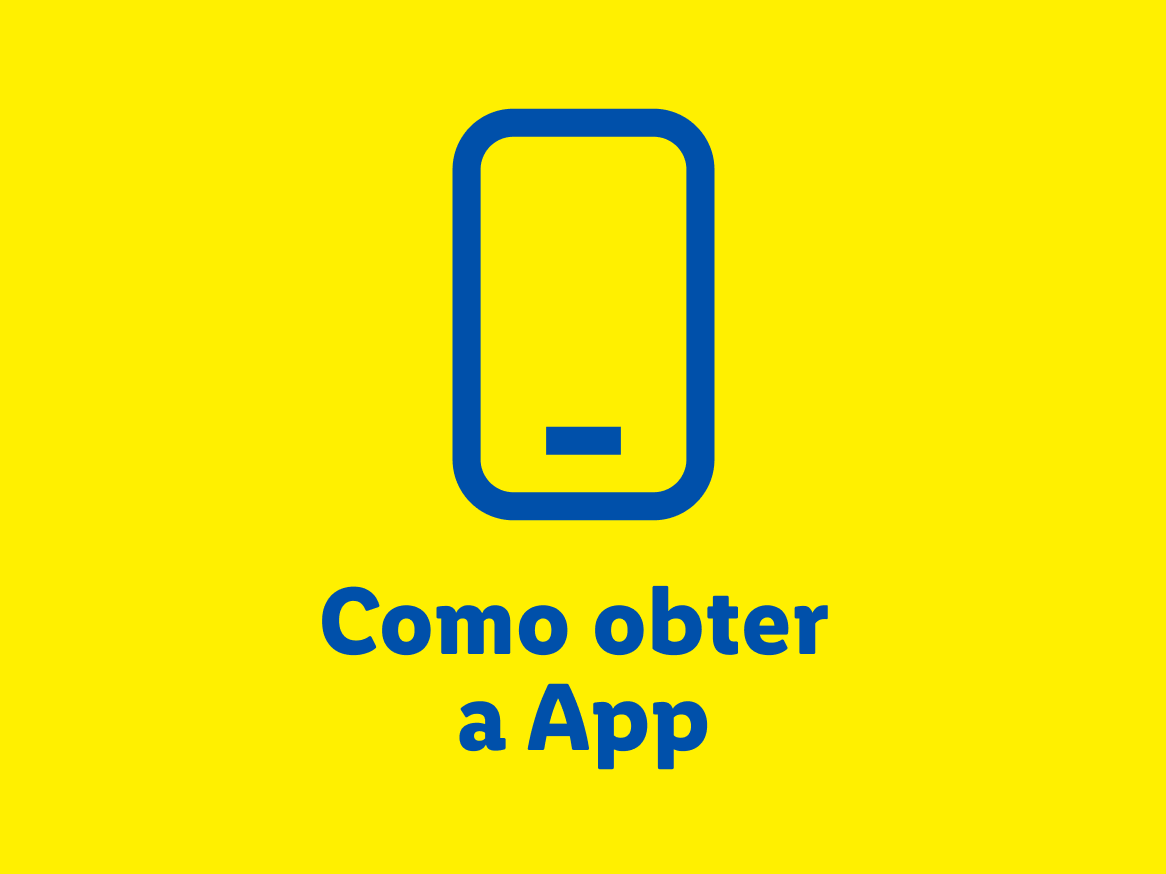 Ícone de telemóvel e texto 'Como obter a App' em fundo amarelo.