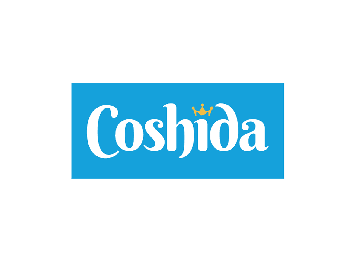 Logotipo da Coshida em azul com coroa dourada.