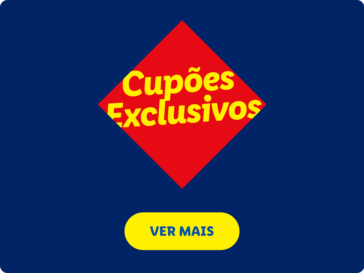 Cupões Exclusivos em destaque num losango vermelho, com botão 'VER MAIS' amarelo.