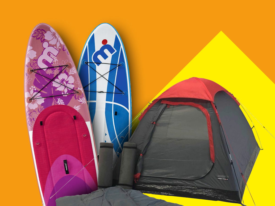 Prancha SUP, barraca e saco de dormir: perfeito para acampar.