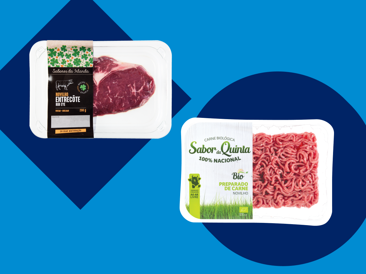 Carne bovina: entrecosto irlandês e carne picada bio nacional.