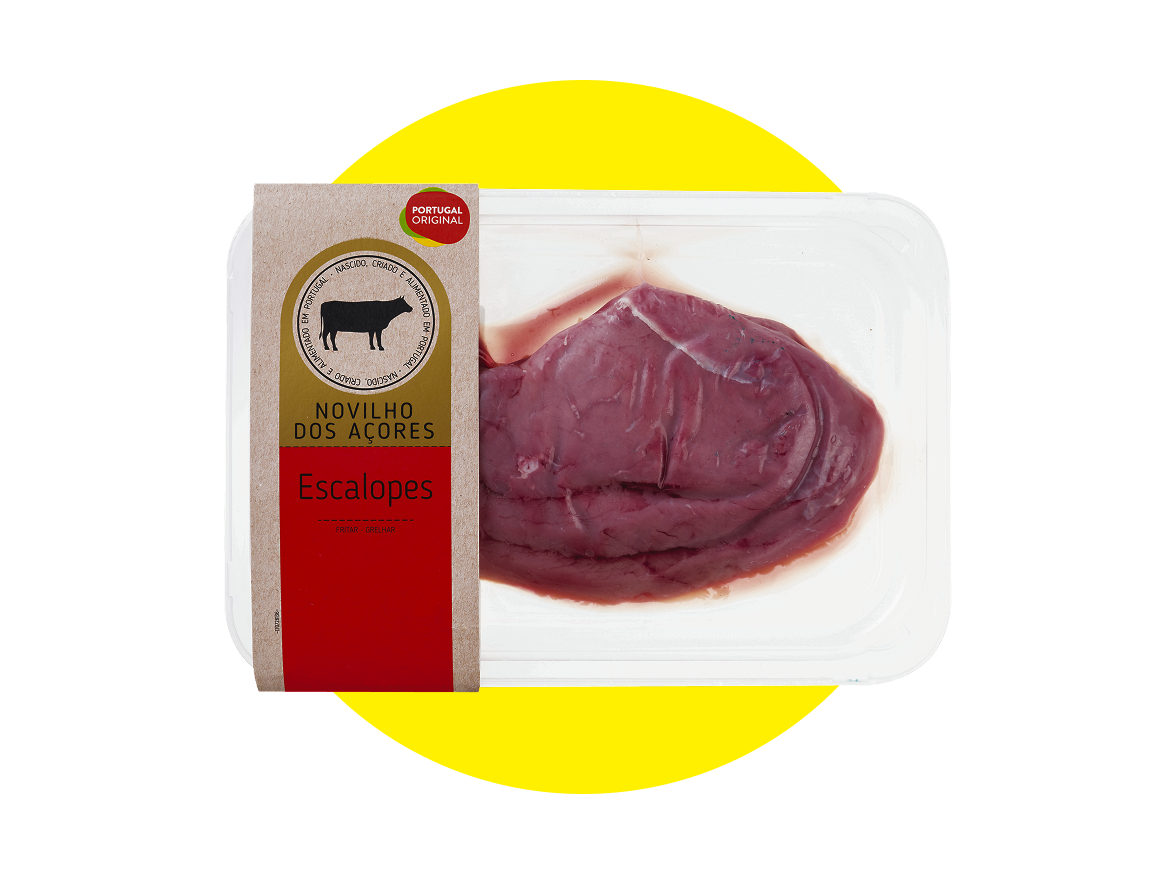 Embalagem de escalopes de novilho dos Açores, produto português.