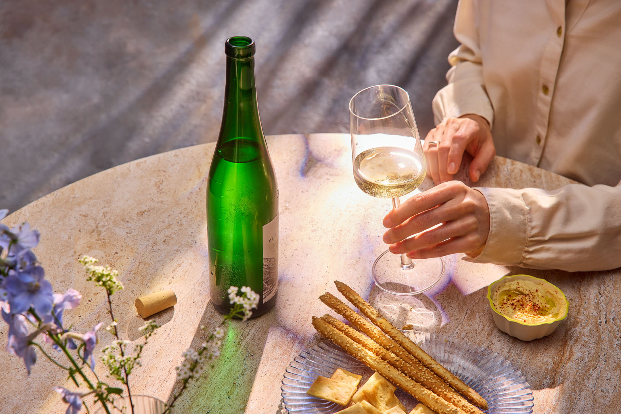 Vinho branco, grissinis e hummus.