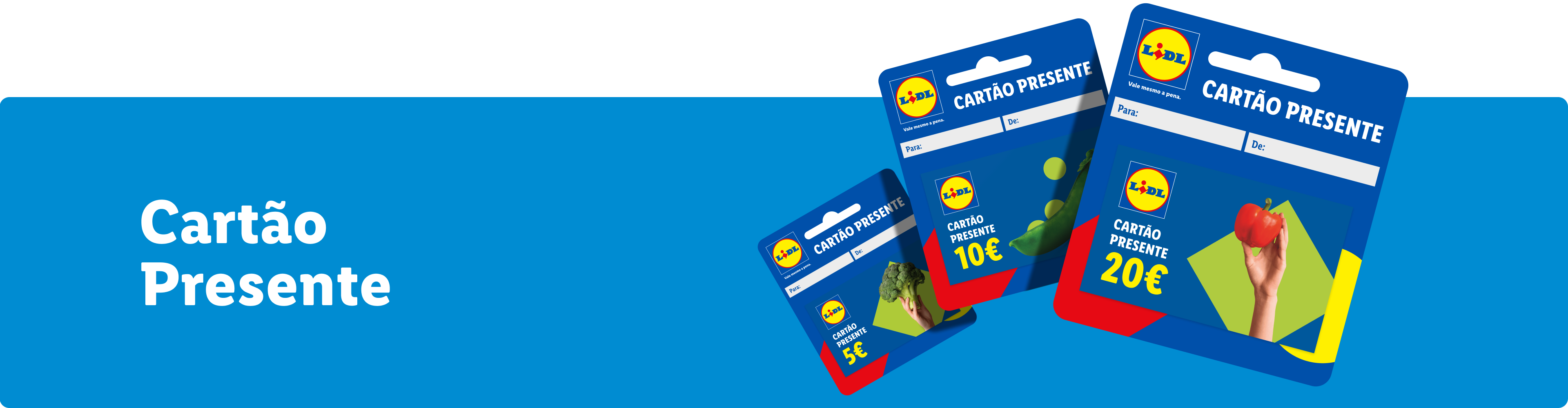 Três cartões presente de 5€, 10€ e 20€ com o texto 'Cartão Presente'.