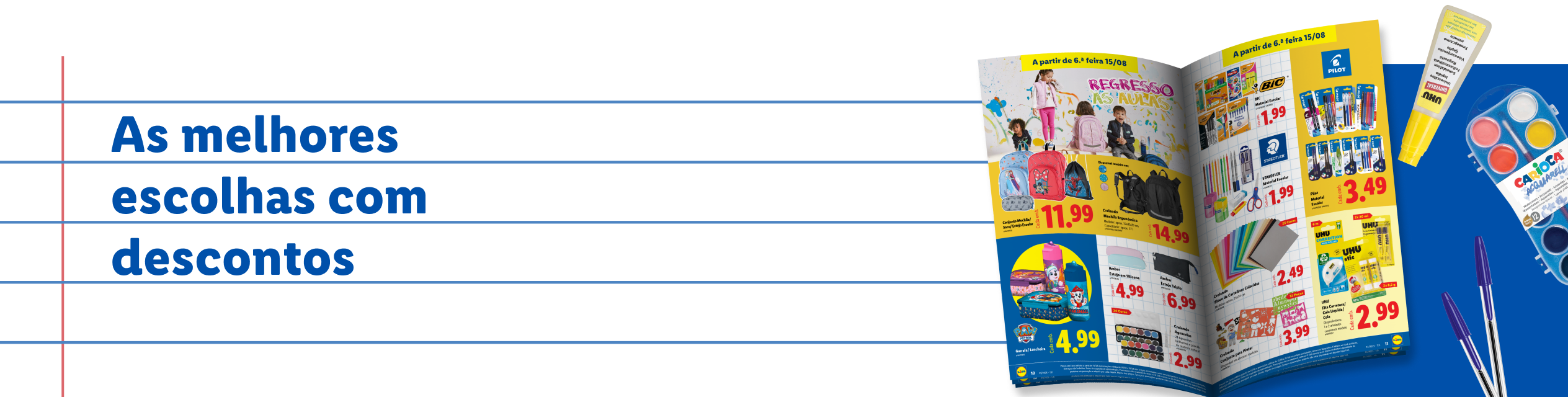 Catálogo de material escolar com mochilas, canetas BIC e Pilot, e tintas Carioca.