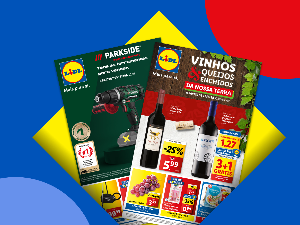Folhetos do Lidl com ferramentas, vinhos, queijos, enchidos e promoções de supermercado.