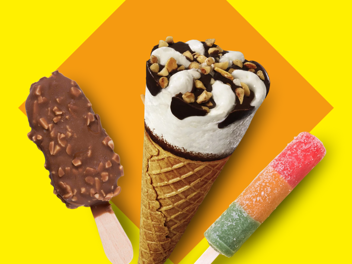 Sortido de gelados: cones com nozes e chocolate, gelado de chocolate em pau.