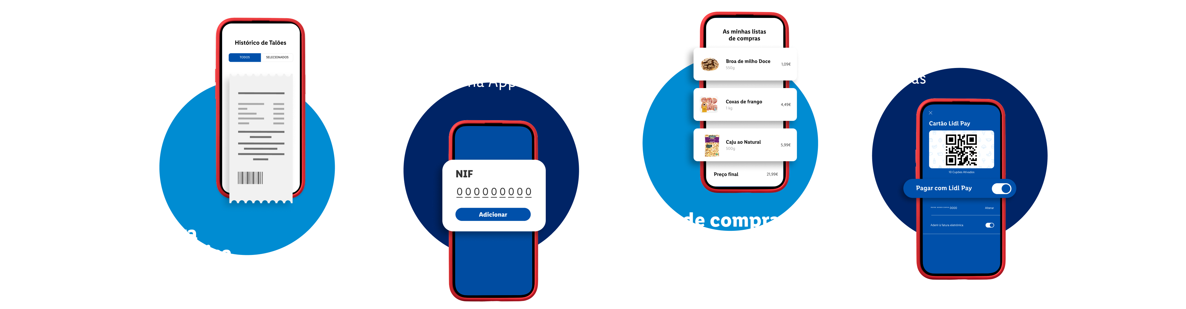 Quatro ecrãs de telemóvel exibem funcionalidades da aplicação Lidl: fatura eletrónica, NIF, lista de compras e Lidl Pay.