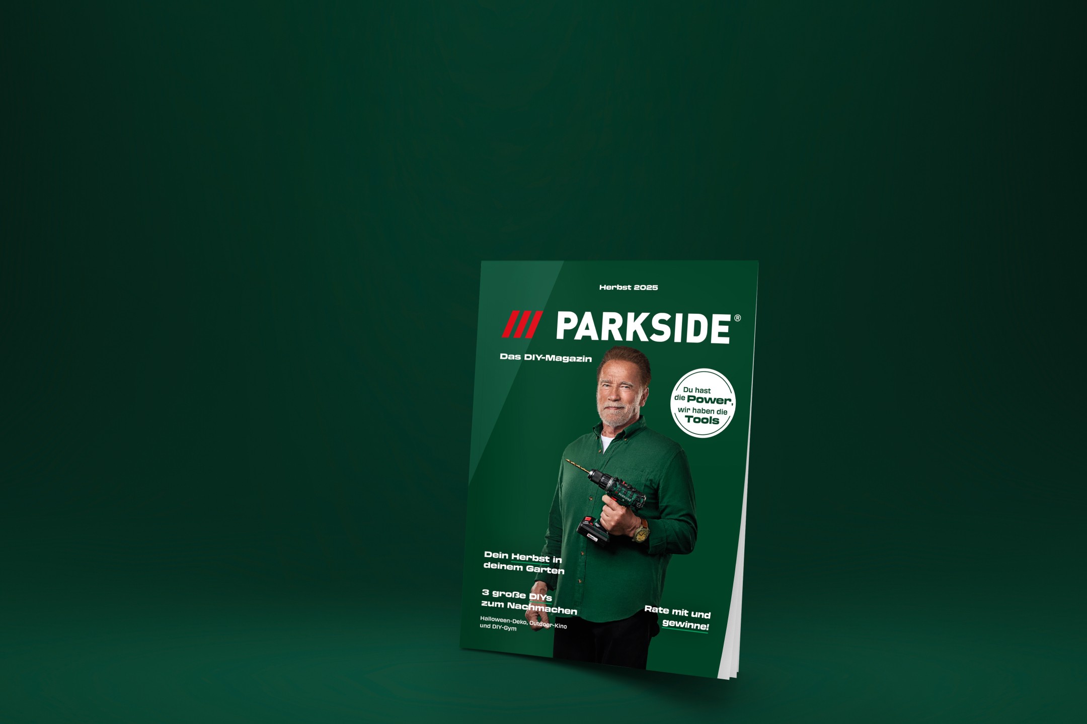Revista Parkside DIY com Arnold Schwarzenegger segurando uma furadeira.