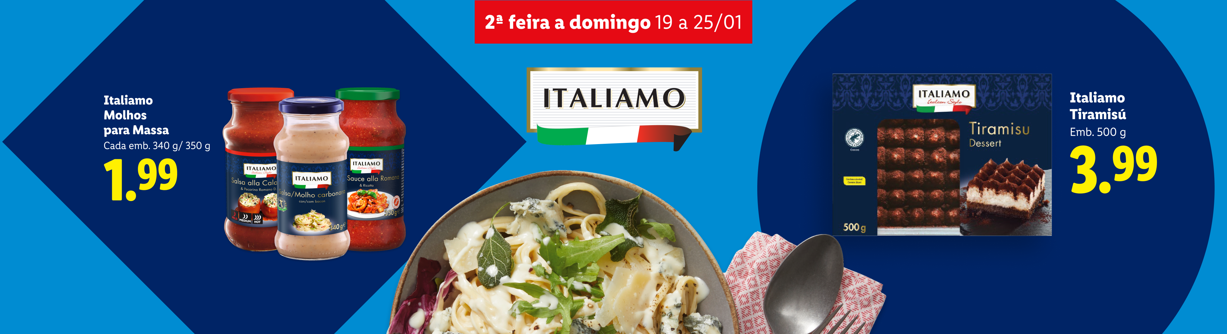 Molhos para massa e tiramisú em destaque, com preços e datas de promoção.