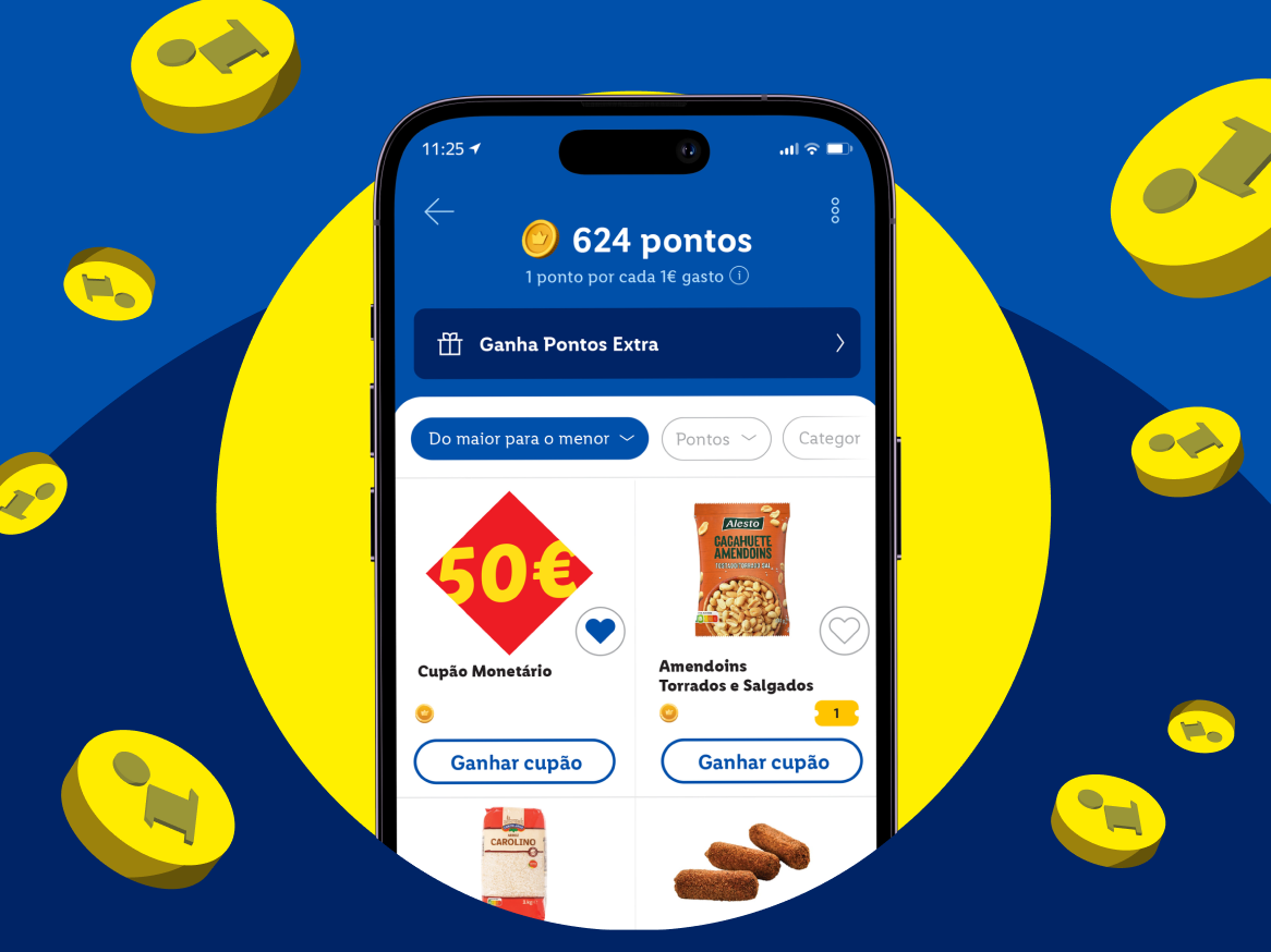 Um smartphone exibe uma aplicação de recompensas com 624 pontos, um cupão de 50€ e amendoins torrados e salgados.