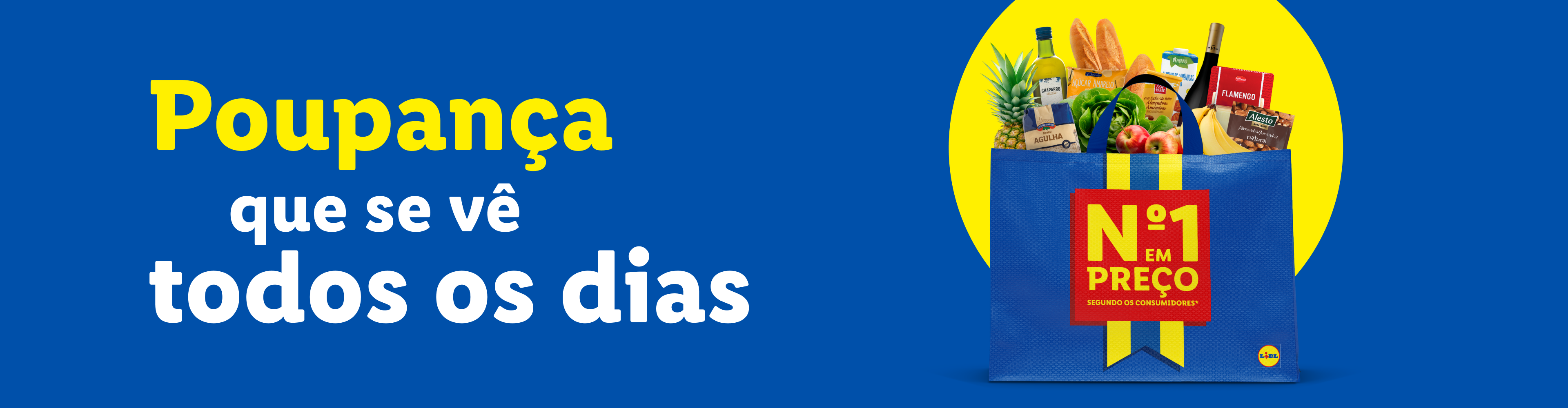 Saco de compras azul com produtos alimentares e texto 'Poupança que se vê todos os dias' e 'Nº1 em Preço'.