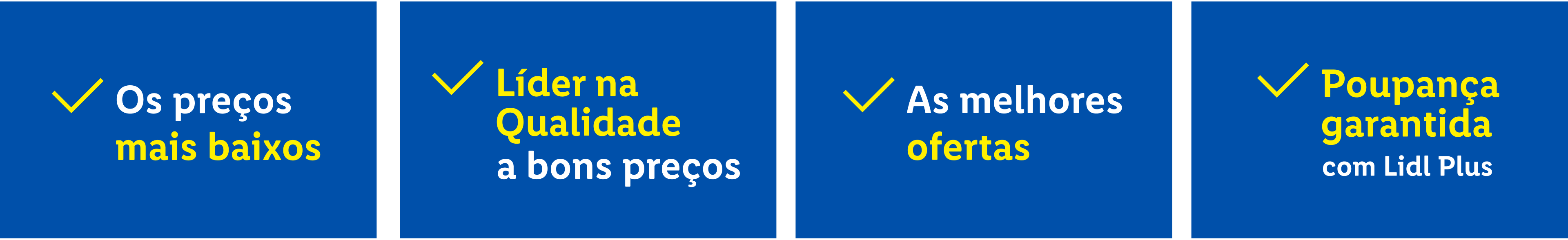 Quatro caixas azuis com texto em branco e amarelo, destacando preços baixos, qualidade, ofertas e poupança.