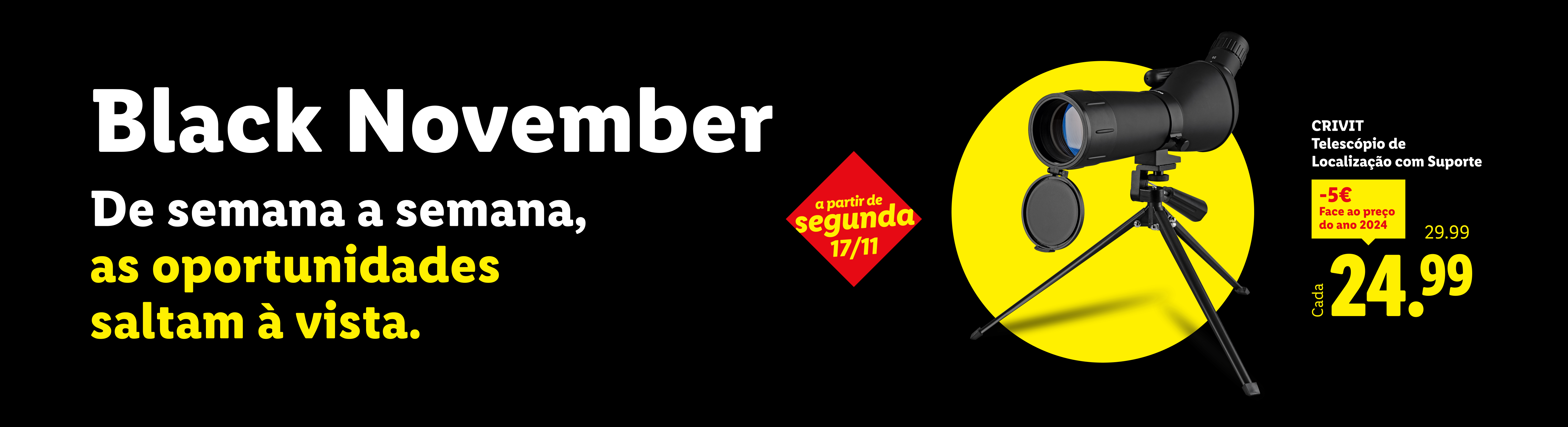 Anúncio de Black November com um telescópio de localização Crivit em promoção.
