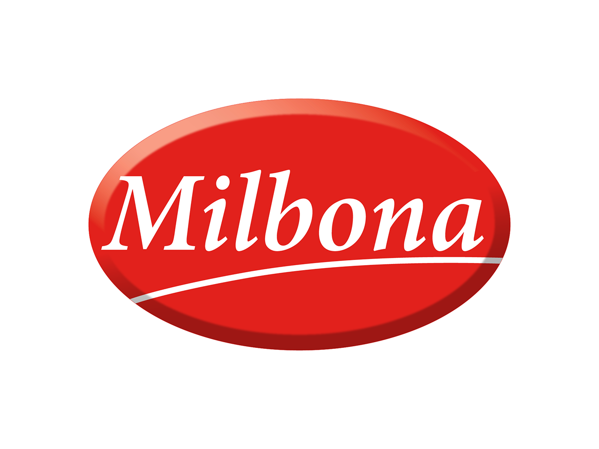 Logotipo da Milbona em um oval vermelho.