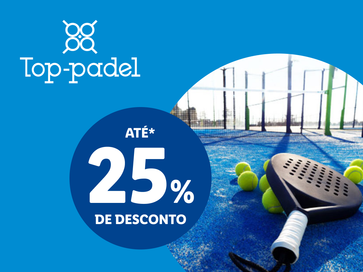 Anúncio Top-padel com raquete, bolas de padel e desconto de até 25%.