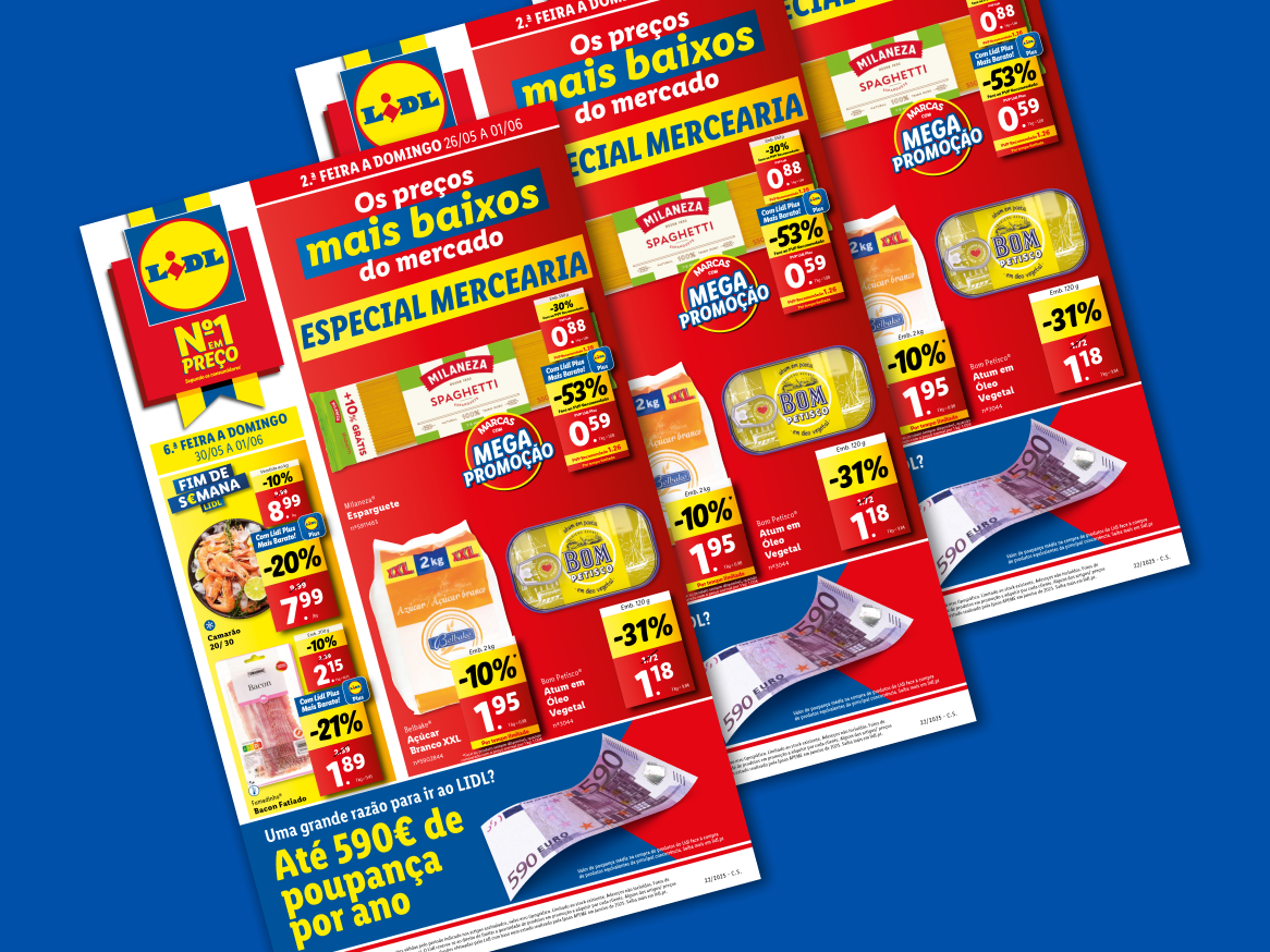 Folhetos Lidl com ofertas especiais em mercearia, incluindo marcas como Bom Petisco e Milaneza.