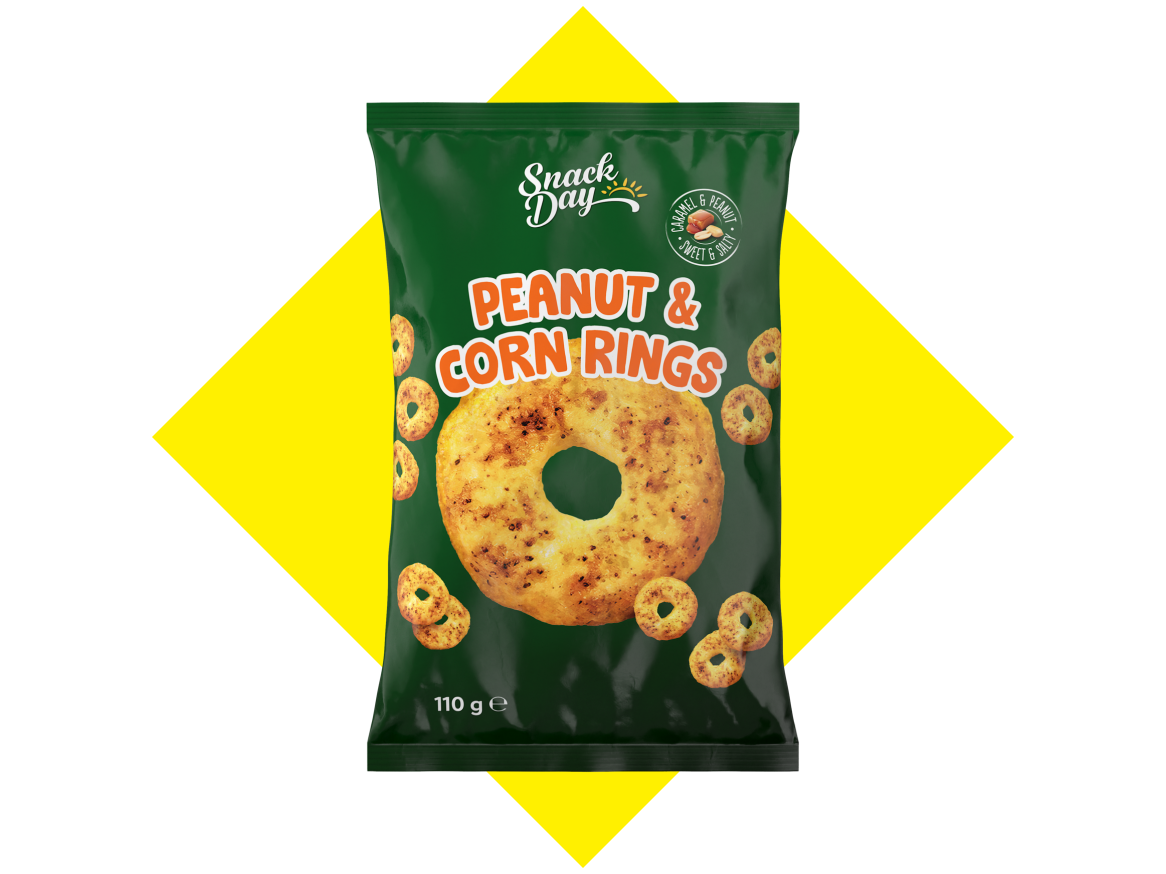 Salgadinhos de milho e amendoim em anéis, doces e salgados, com 110g.