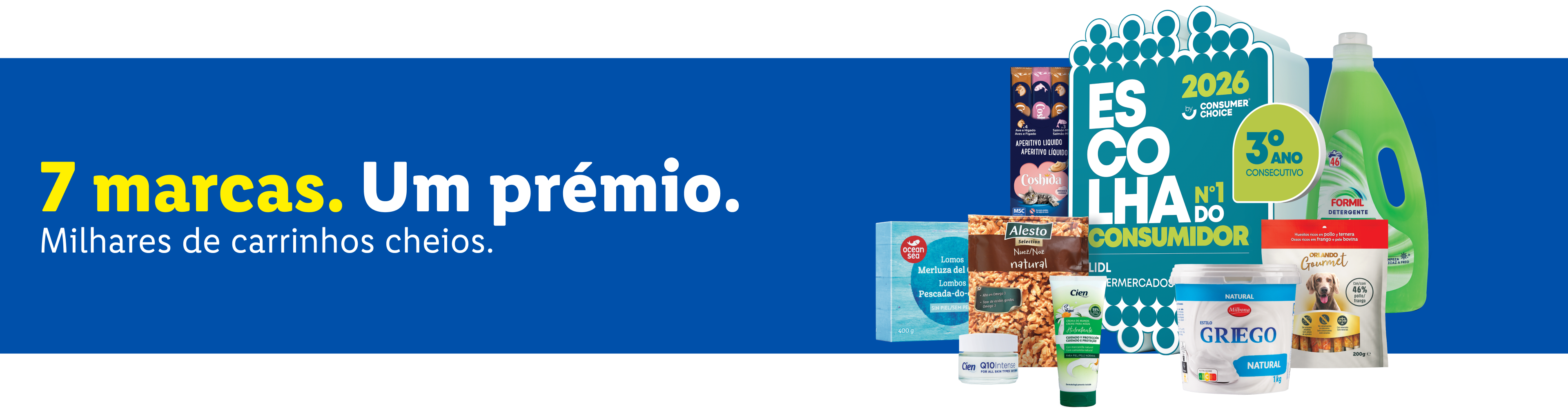 Sete produtos de supermercado premiados, incluindo iogurte grego, detergente e comida para animais.