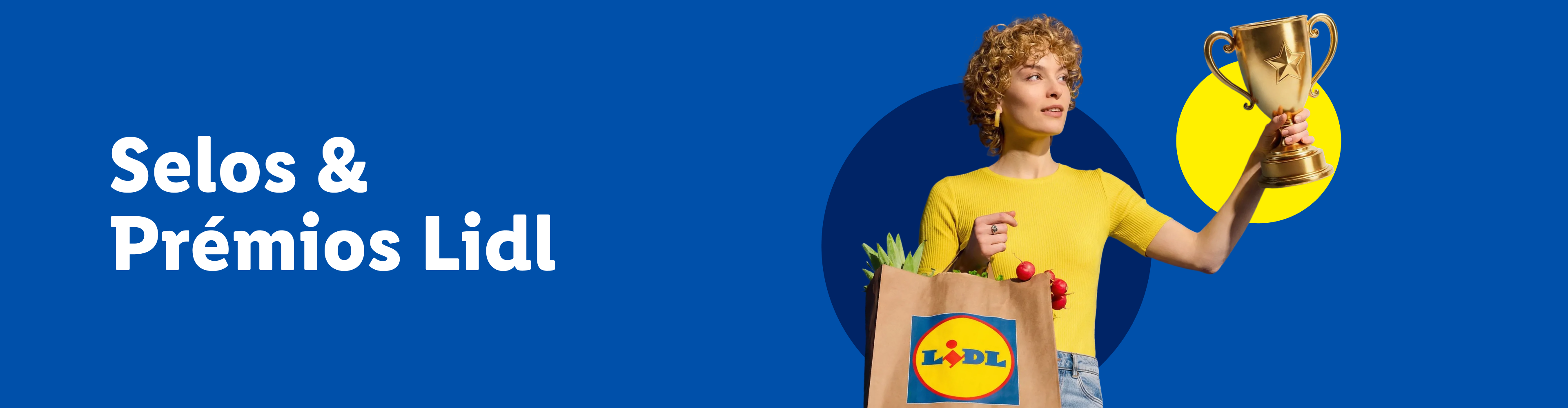 Mulher com saco de compras e troféu dourado, texto 'Selos & Prémios Lidl'.