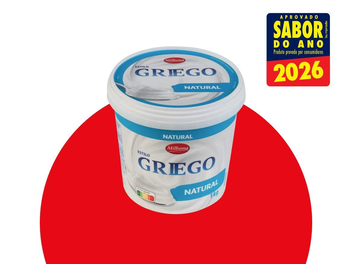 Iogurte grego natural de 1kg com selo de aprovação Sabor do Ano 2026.