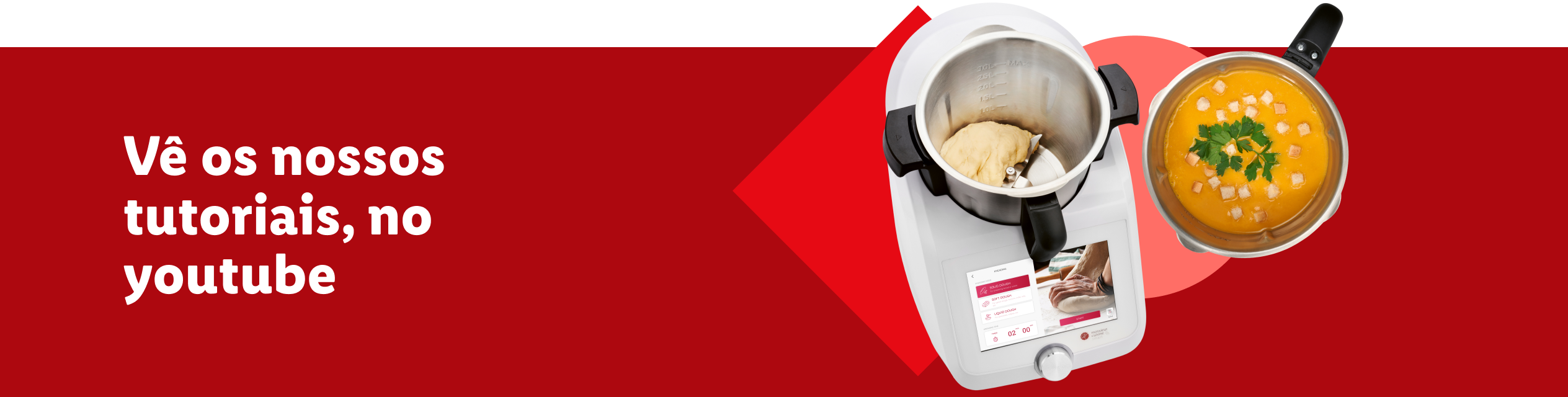 Um robot de cozinha com massa e uma tigela de sopa, com texto 'Vê os nossos tutoriais, no youtube'.