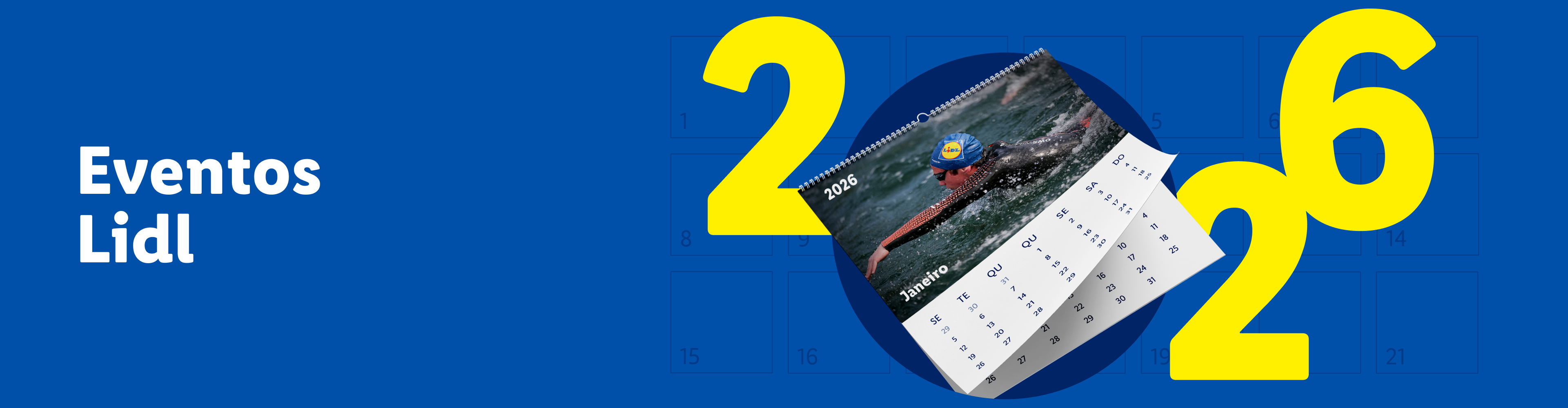 Calendário de eventos de 2026 com um nadador e o mês de janeiro em destaque.