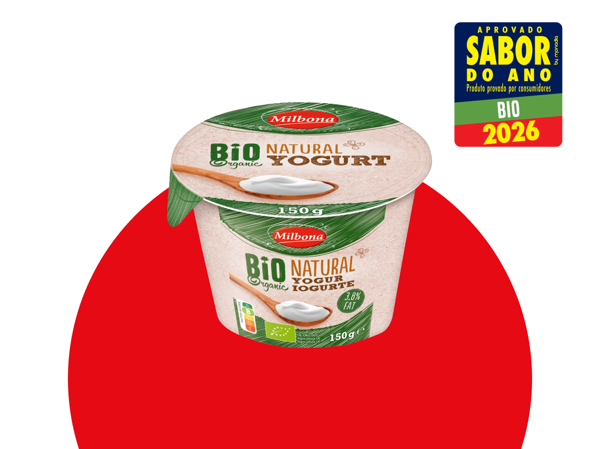 Iogurte natural biológico em embalagem de 150g, com selo de aprovação de sabor.