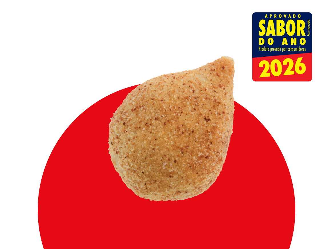 Coxinha de frango empanada com selo de 'Sabor do Ano 2026'.