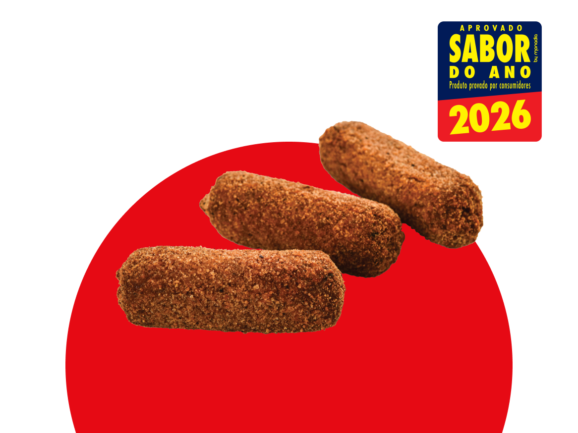 Três croquetes fritos com um selo de 'Sabor do Ano 2026' no canto superior direito.