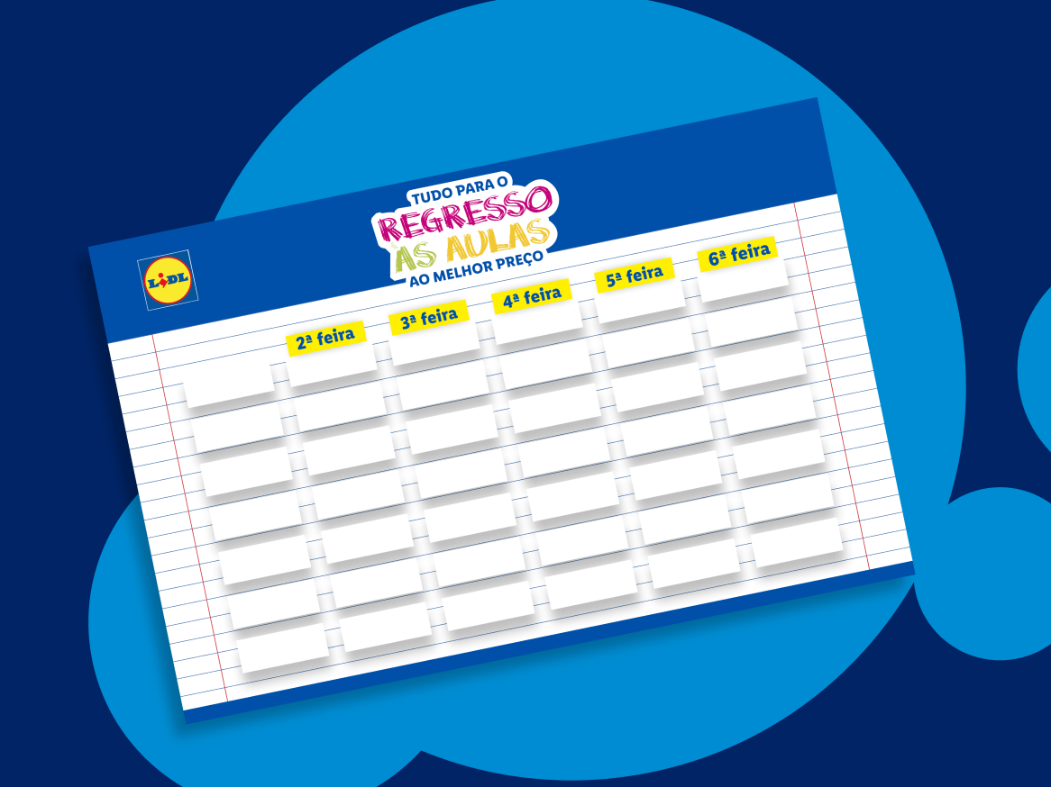 Um horário escolar da Lidl para o regresso às aulas, com os dias da semana de segunda a sexta-feira.