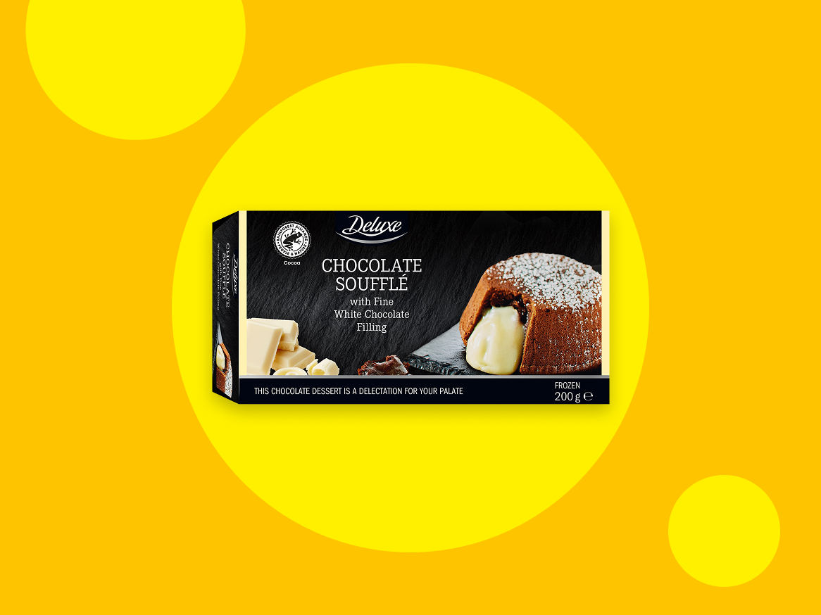 Caixa de soufflé de chocolate com recheio de chocolate branco, congelado, 200g.