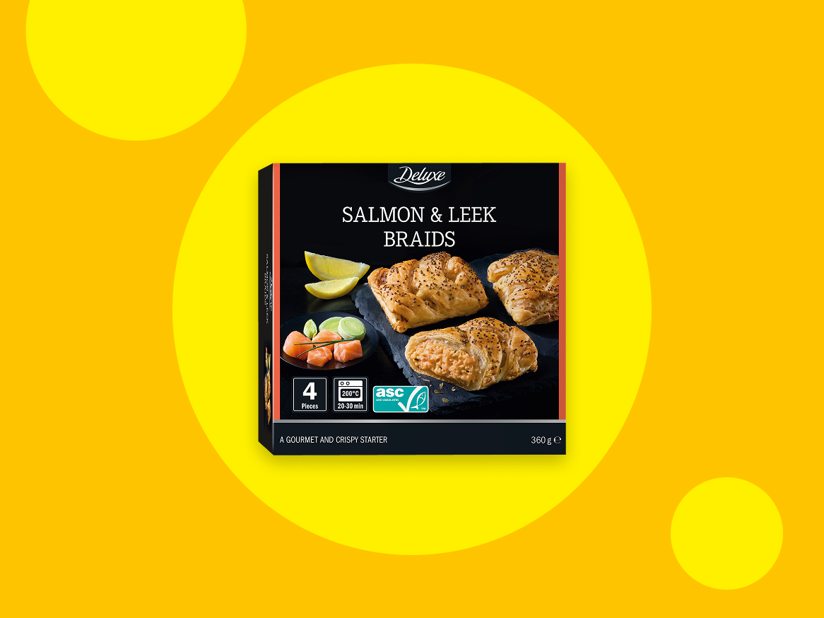 Caixa de tranças de salmão e alho-francês, 4 peças, 360g, com instruções de cozedura.