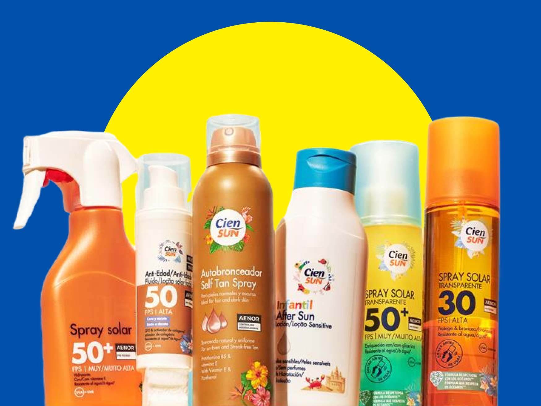 Sprays solares, loção e autobronzeador Cien Sun.