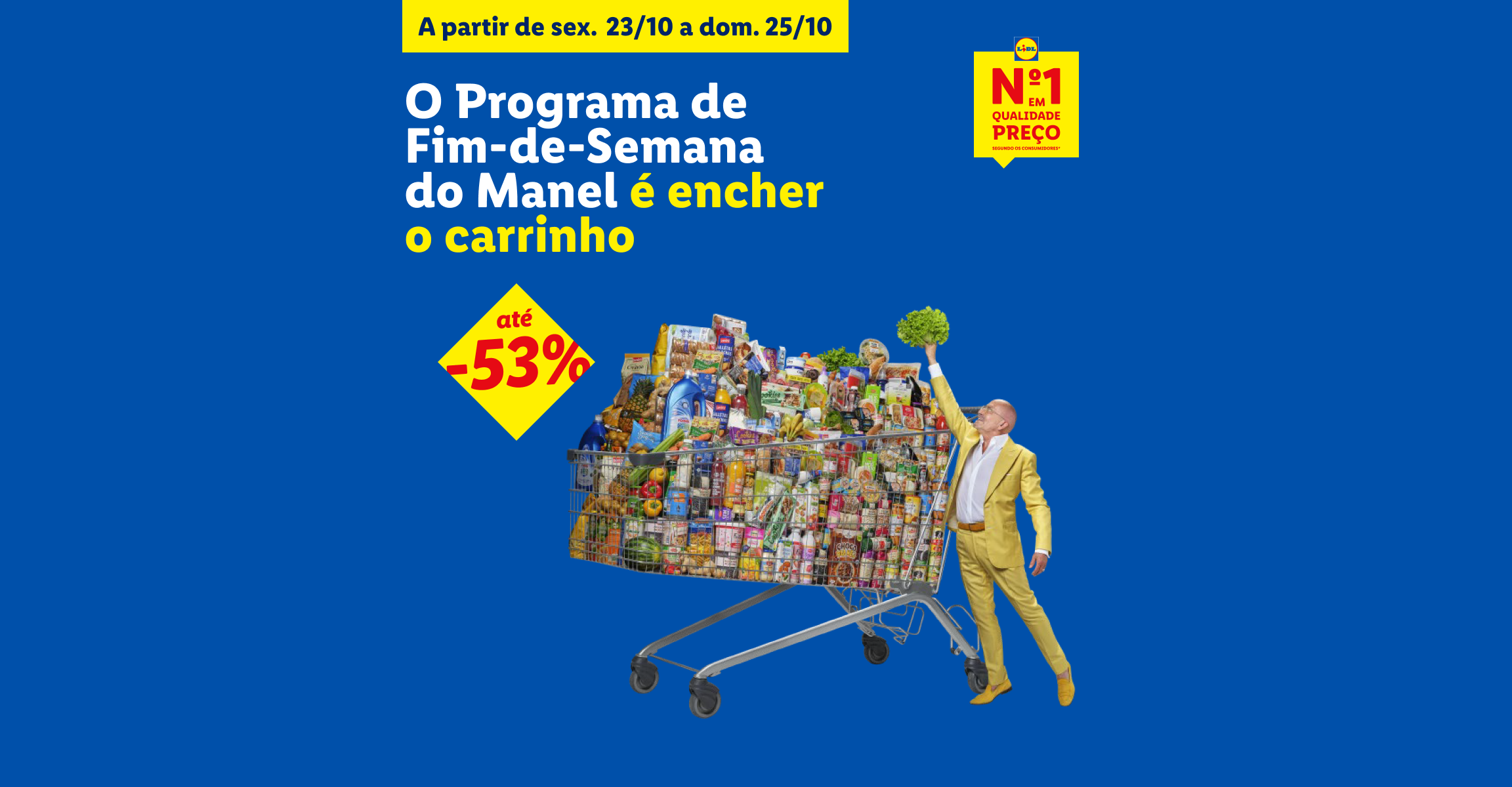 Anúncio de descontos de fim de semana até 53% com um carrinho de compras cheio.