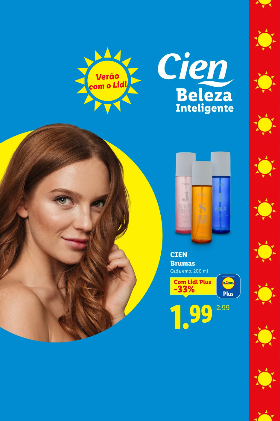 Anúncio de brumas corporais com uma mulher e o tema 'Verão com o Lidl'.