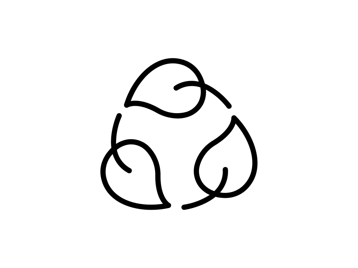 Ícone de três folhas em formato circular, representando reciclagem ecológica.