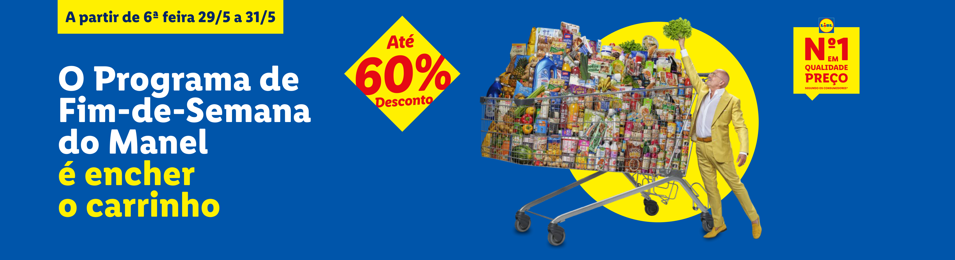 Homem de fato amarelo com carrinho de compras cheio de produtos, com descontos até 60%.